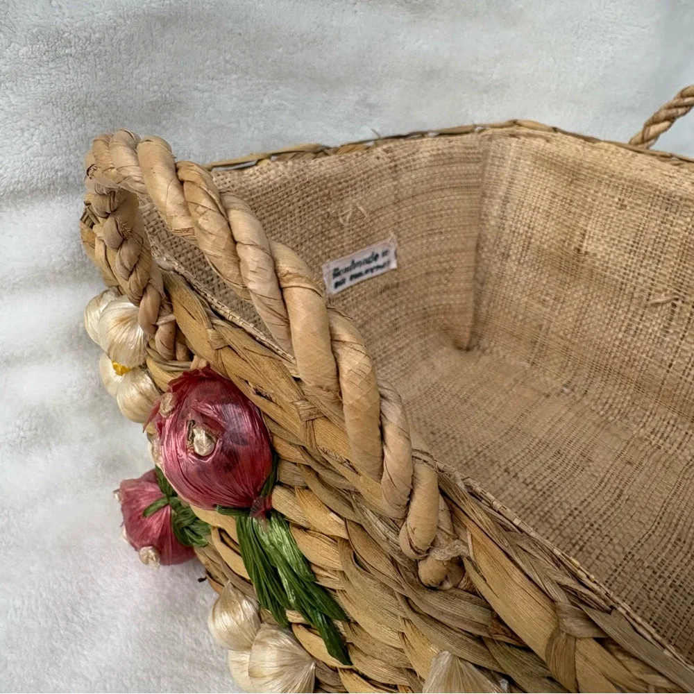 Vintage Handmade Straw Basket w/ Strawberry & Floral with Raffia Trim Handles